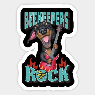 Cute funny Beekeepers Rock with dachshund doxie dog with guitar tee Sticker